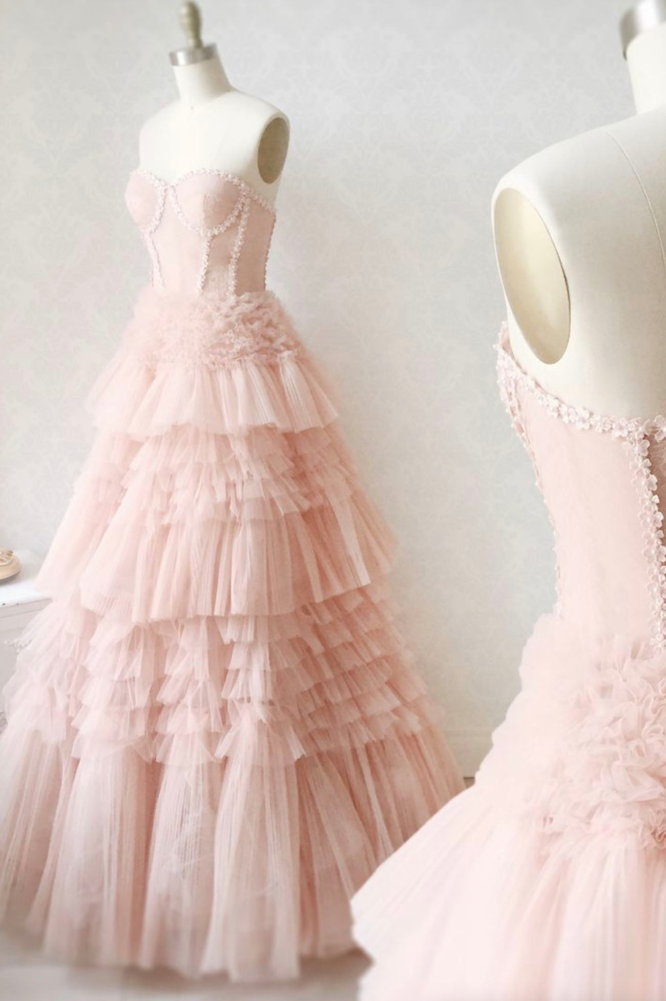 Bridesmaid Dress White, Pink Tulle Lace Long Prom Dresses, A-Line Strapless Evening Dresses