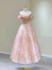 Bridesmaids Dresses Sale, Pink Spaghetti Strap Tulle Lace Short Prom Dress, Cute A-Line Party Dress