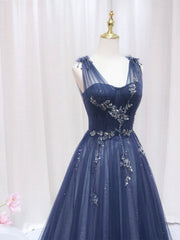 Party Dress For Wedding, Blue Tulle Beaded Long Prom Dress, Blue Evening Party Dress