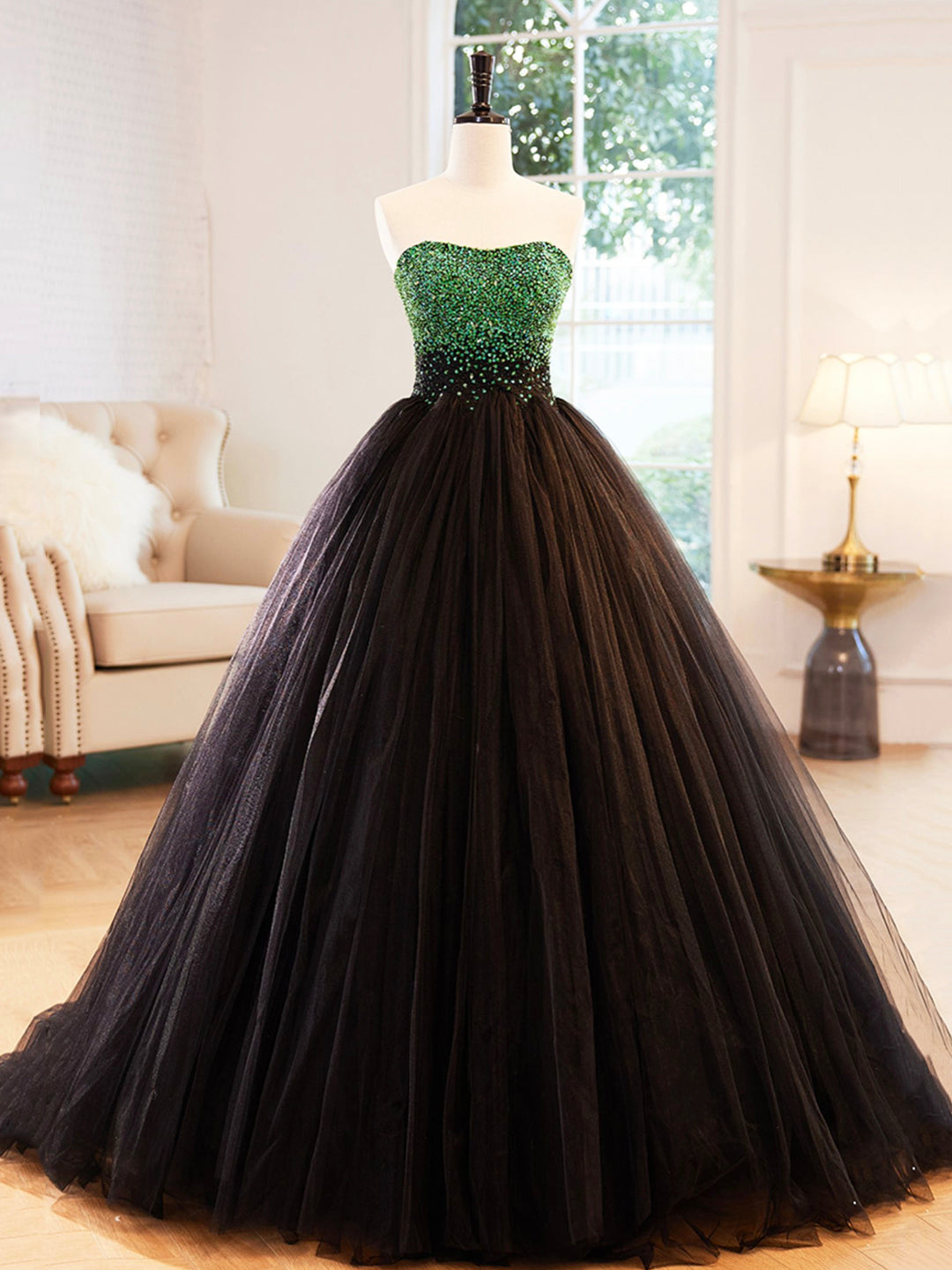 Bridesmaids Dresses Sale, Black Strapless Tulle Long Prom Dress with Green Beaded, A-Line Formal Dress