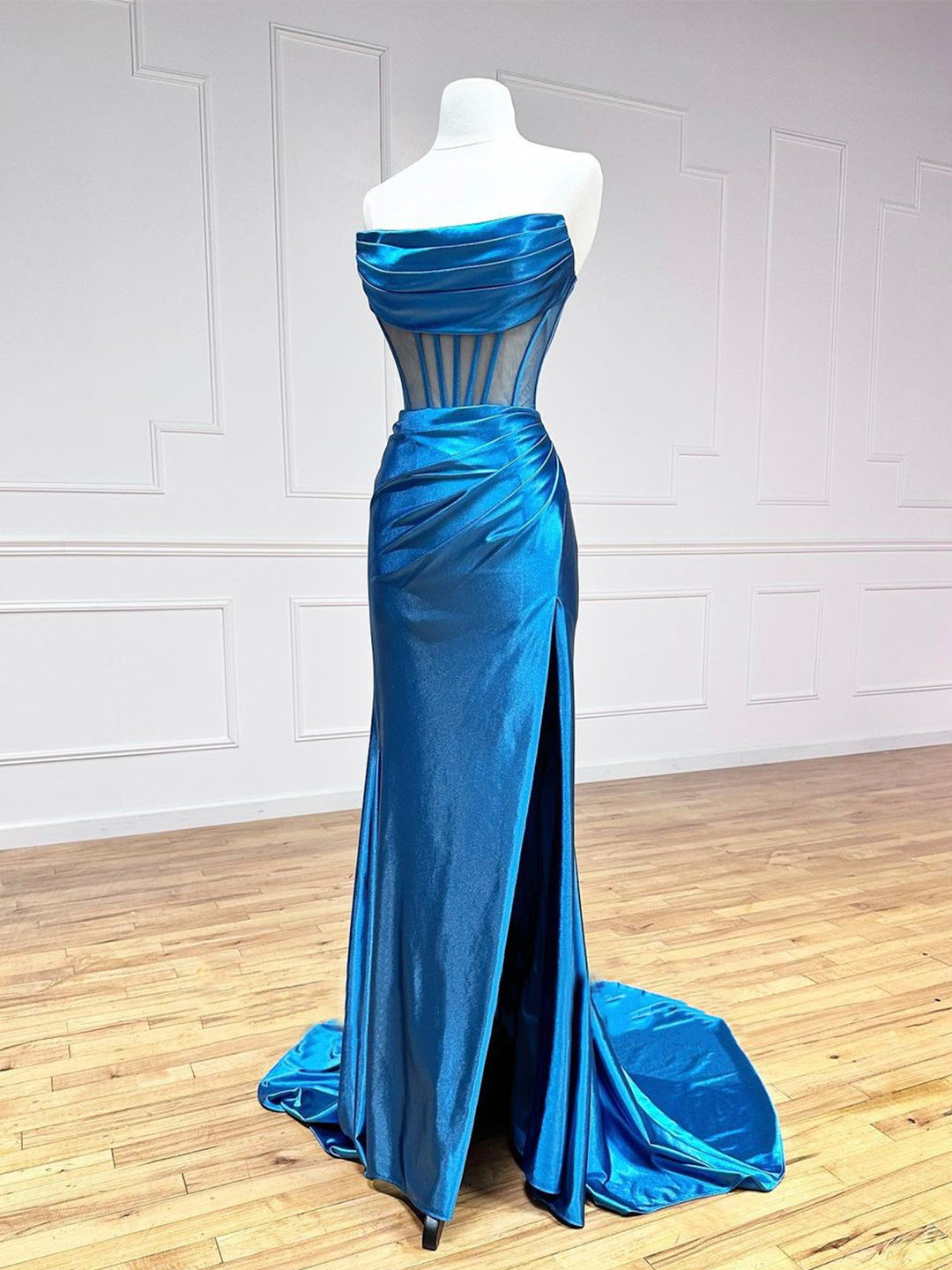 Party Dress Quick, Blue Strapless Pleated Long Prom Dress, Blue Satin Party Dress
