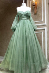 Prom Dress Green, Green Tulle Long Sleeve Prom Dress, A-Line Off the Shoulder Evening Dress