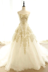 Gold Prom Dress, Long Champagne Strapless Tulle Lace Prom Dress, A-Line Evening Dress with Train