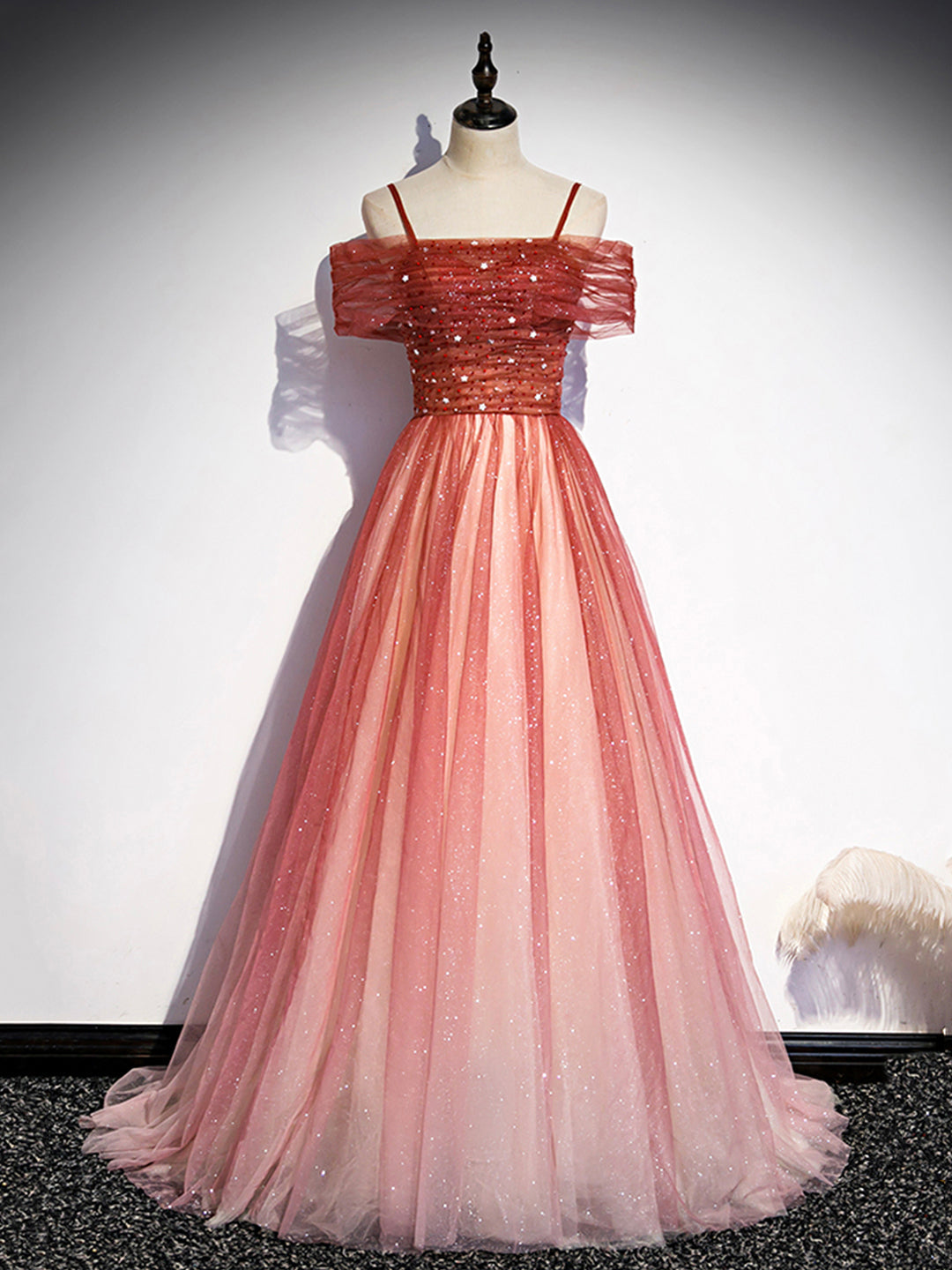 Formal Dress For Wedding Party, Burgundy Tulle Long Prom Dress, A-Line Off Shoulder Evening Dress