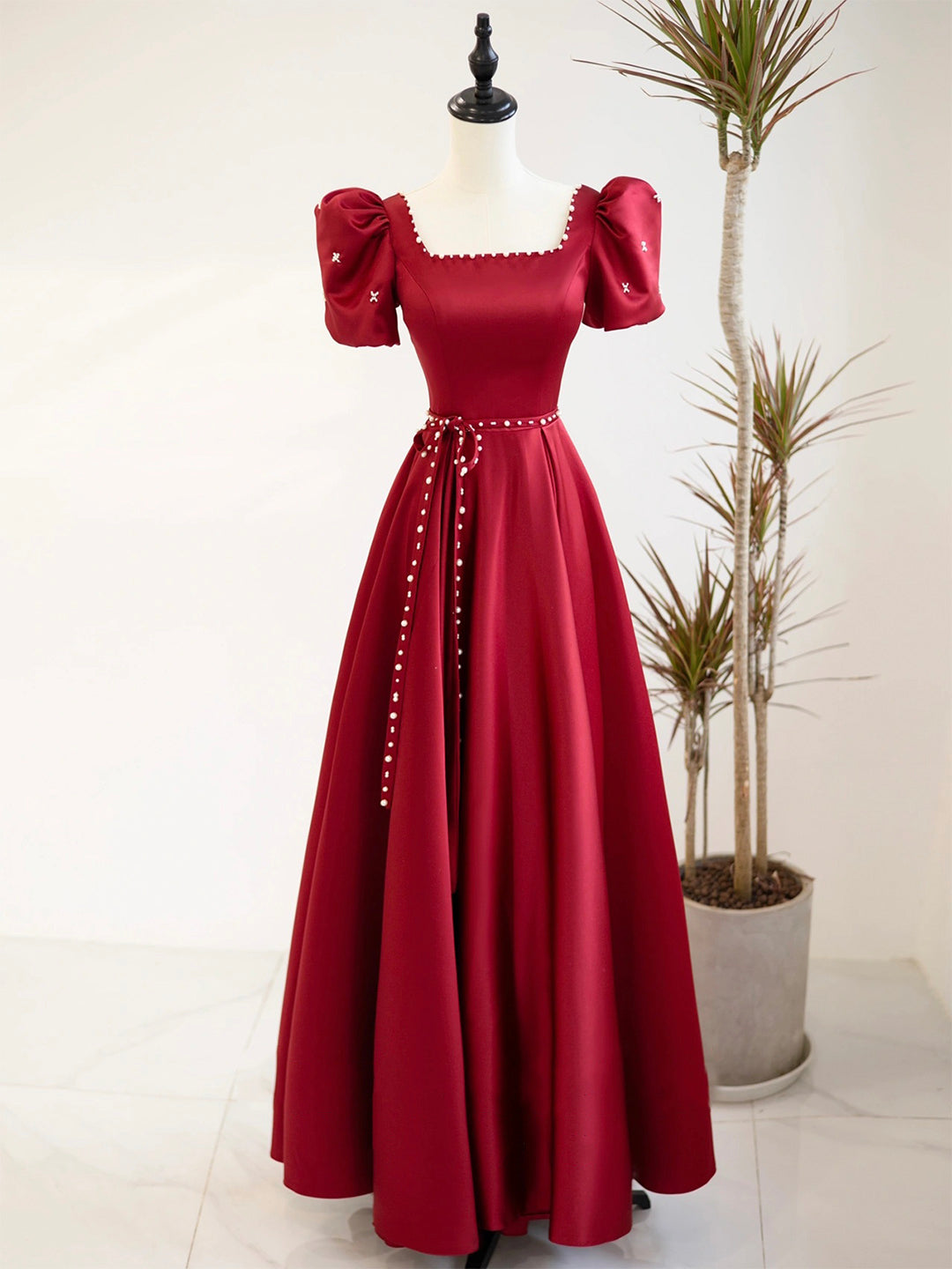 Formal Dresses Wedding, Burgundy Satin Short Sleeve Floor Length Prom Dress, Burgundy Evening Dress with Pearls