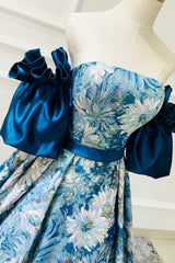 Wedding Color Schemes, Blue Floral Long Senior Prom Dress, Blue A-Line Evening Dress