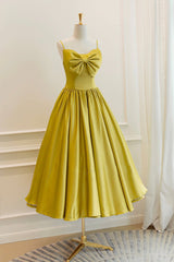 Salad Dress Recipes, Yellow Satin Short Prom Dresses, Cute A-Line Bow Homecoming Dresses