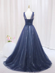 Party Dresses For Wedding, Blue Tulle Beaded Long Prom Dress, Blue Evening Party Dress