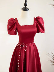 Formal Dress Websites, Burgundy Satin Short Sleeve Floor Length Prom Dress, Burgundy Evening Dress with Pearls