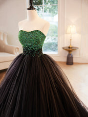 Bridesmaid Dresses Sales, Black Strapless Tulle Long Prom Dress with Green Beaded, A-Line Formal Dress