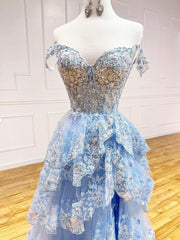 Party Dresses Short Tight, Blue Tulle Sequins Long Prom Dress, Beautiful Off Shoulder Evening Dress