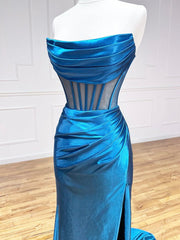 Party Dress And Gown, Blue Strapless Pleated Long Prom Dress, Blue Satin Party Dress