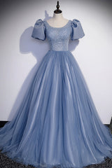 Party Dresses Casual, Blue Tulle Beading Long Prom Dresses, A-Line Short Sleeve Evening Dresses