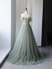 Bridesmaids Dresses Wedding, Beautiful Green Tulle Long Prom Dress, Off Shoulder Evening Dress