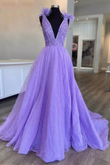 Party Dresses For Teens, Purple V-Neck Tulle Sequins Long Prom Dress, A-Line Evening Party Dress