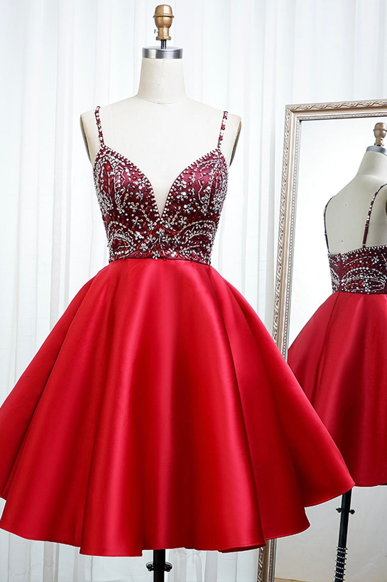 Party Dresses Shopping, Red Satin Beading Short Prom Dresses, A-Line Homecoming Dresses