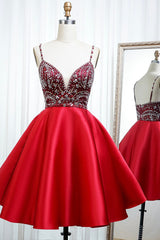 Party Dresses Shopping, Red Satin Beading Short Prom Dresses, A-Line Homecoming Dresses