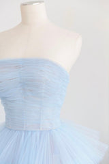 Mermaid Wedding Dress, Blue Layers Tulle Long Prom Dresses, A-Line Strapless Evening Dresses