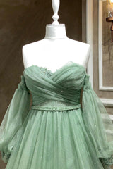 Prom Dresses Outfits Fall Casual, Green Tulle Long Sleeve Prom Dress, A-Line Off the Shoulder Evening Dress