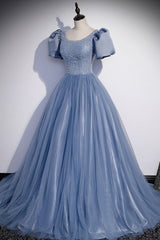 Party Dress Spring, Blue Tulle Beading Long Prom Dresses, A-Line Short Sleeve Evening Dresses