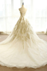 Dream, Long Champagne Strapless Tulle Lace Prom Dress, A-Line Evening Dress with Train