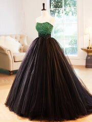 Bridesmaid Dresses Sale, Black Strapless Tulle Long Prom Dress with Green Beaded, A-Line Formal Dress