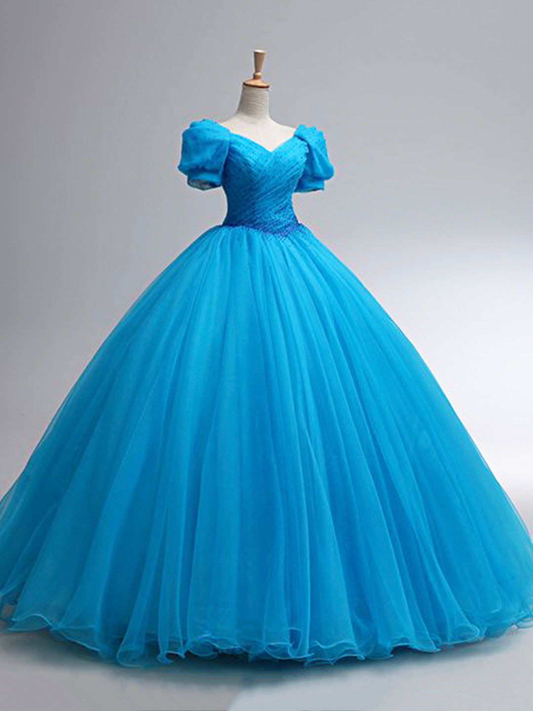 Bridesmaid Dresses Mismatched, Beautiful Blue Rhinestone Floor Length Prom Dress, A-Line Short Sleeve Evening Dress