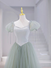 Prom Dresses Champagne, Green Tulle Floor Length Prom Dress, Green Short Sleeve Evening Party Dress