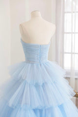 Wedding Photo Ideas, Blue Layers Tulle Long Prom Dresses, A-Line Strapless Evening Dresses