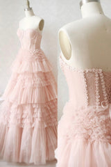 Bridesmaids Dresses White, Pink Tulle Lace Long Prom Dresses, A-Line Strapless Evening Dresses