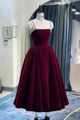 Evening Dresses Online, Burgundy Velvet Short Prom Dress, A-Line Party Dress with Pearls