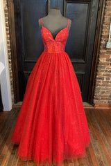 Party Dresses Stores, Red Tulle Beading Long Prom Dresses, A-Line Evening Party Dresses