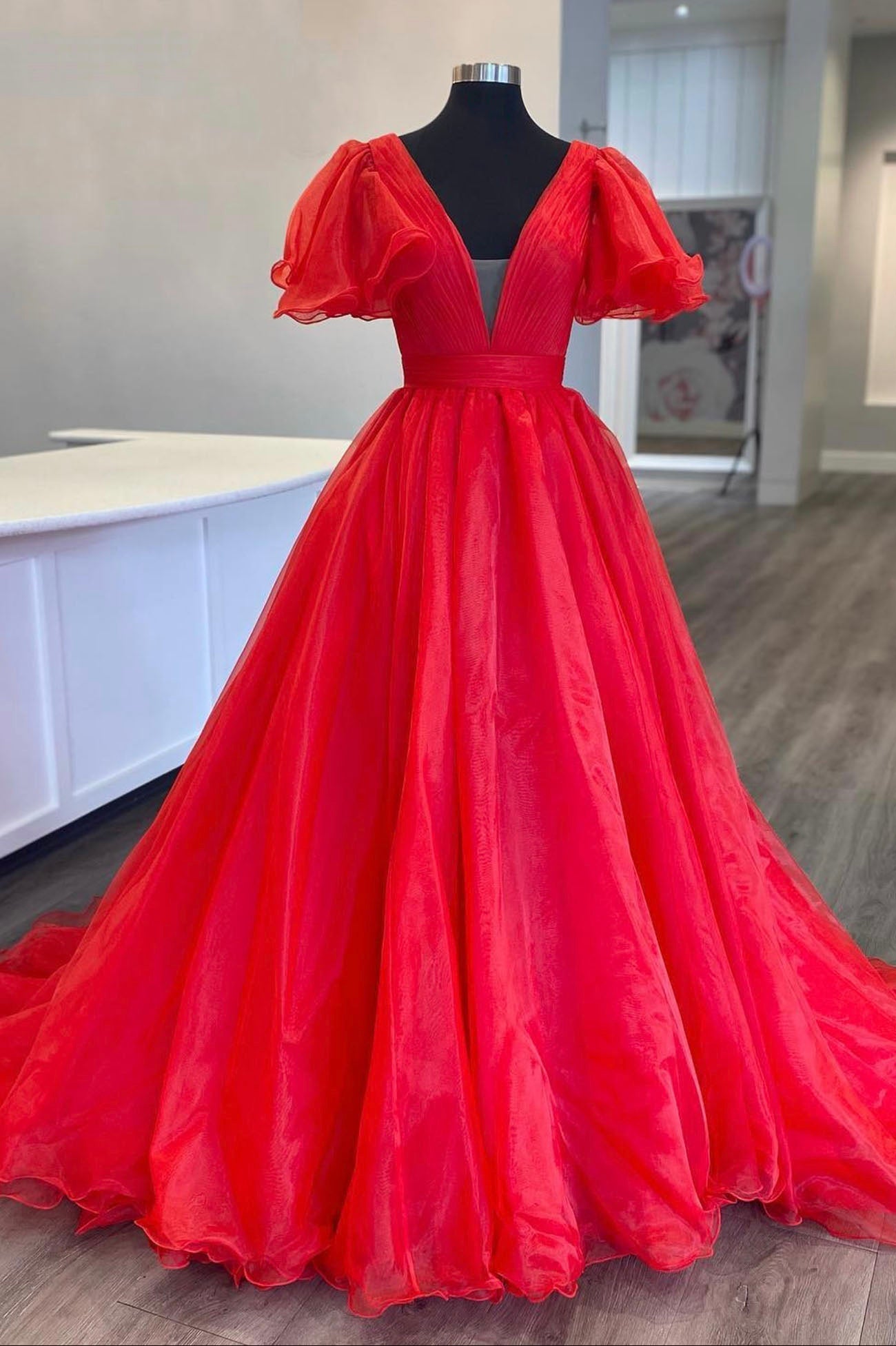 Party Dresses Shop, Red Organza Long A-Line Prom Dress, Beautiful V-Neck Evening Dress