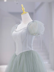 Prom Dresses Ball Gown Elegant, Green Tulle Floor Length Prom Dress, Green Short Sleeve Evening Party Dress