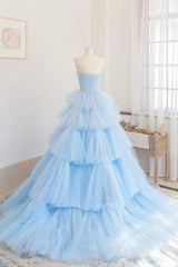 Wedding Inspo, Blue Layers Tulle Long Prom Dresses, A-Line Strapless Evening Dresses