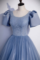 Party Dresses Vintage, Blue Tulle Beading Long Prom Dresses, A-Line Short Sleeve Evening Dresses