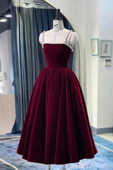 Evening Dresses On Sale, Burgundy Velvet Short Prom Dress, A-Line Party Dress with Pearls