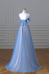 Party Dresses Sale, Blue Spaghetti Strap Tulle Floor Length Prom Dress, A-Line Evening Dress