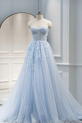 Party Dresses Prom, Blue Sweetheart Neck Lace Floor Length Prom Dress, Lovely Blue Evening Dress