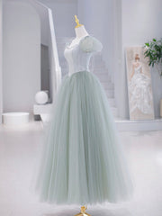 Prom Dresses 2044 Long, Green Tulle Floor Length Prom Dress, Green Short Sleeve Evening Party Dress