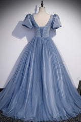 Party Dress Vintage, Blue Tulle Beading Long Prom Dresses, A-Line Short Sleeve Evening Dresses