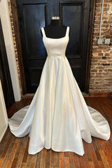 Party Dress Reception Wedding, White Satin Long Prom Dresses, A-Line Evening Dresses