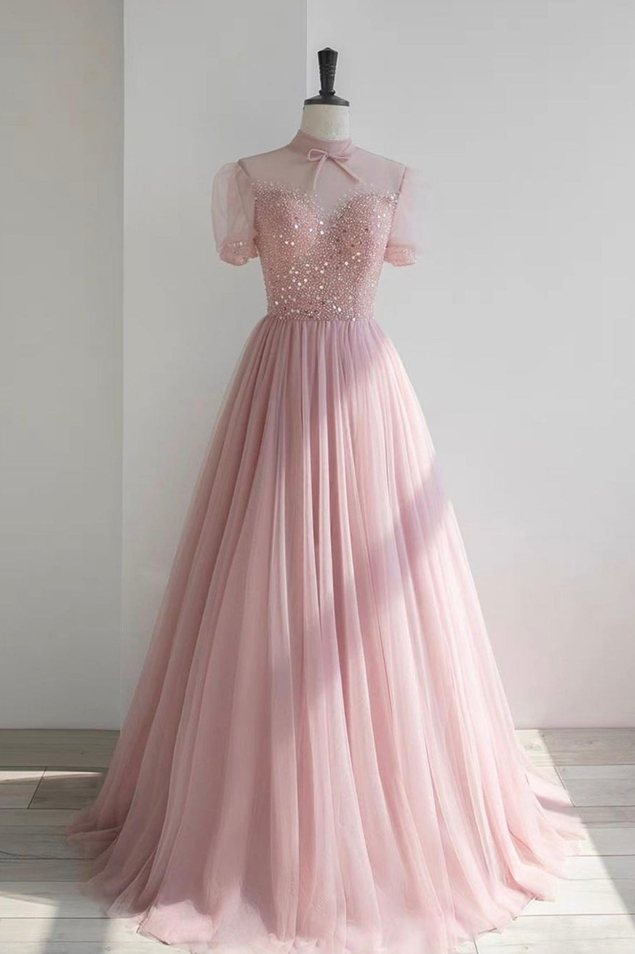 Bridesmaid Dress Winter, Pink Tulle Beading Long Prom Dresses, Lovely A-Line Evening Party Dresses