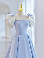 Party Dresses Shorts, Blue Short Sleeve Saitn Formal Evening Dress, Cute A-Line Junior Prom Dress