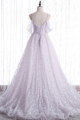 Bridesmaids Dresses Colorful, Lovely V-Neck Floral Tulle Long Prom Dress, Lavender A Line Evening Party Dress