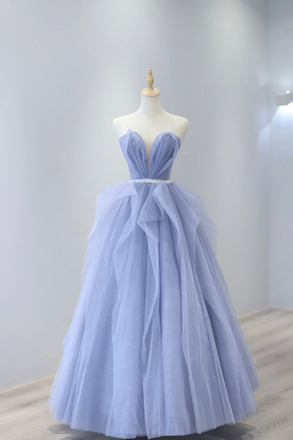 Party Dress Pattern Free, Blue Tulle Strapless Long Prom Dress, A-Line Blue Evening Dress