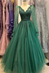 Prom Dresses Blue Light, Green V-Neck Tulle Long Prom Dresses, A-Line Long Sleeve Evening Dresses