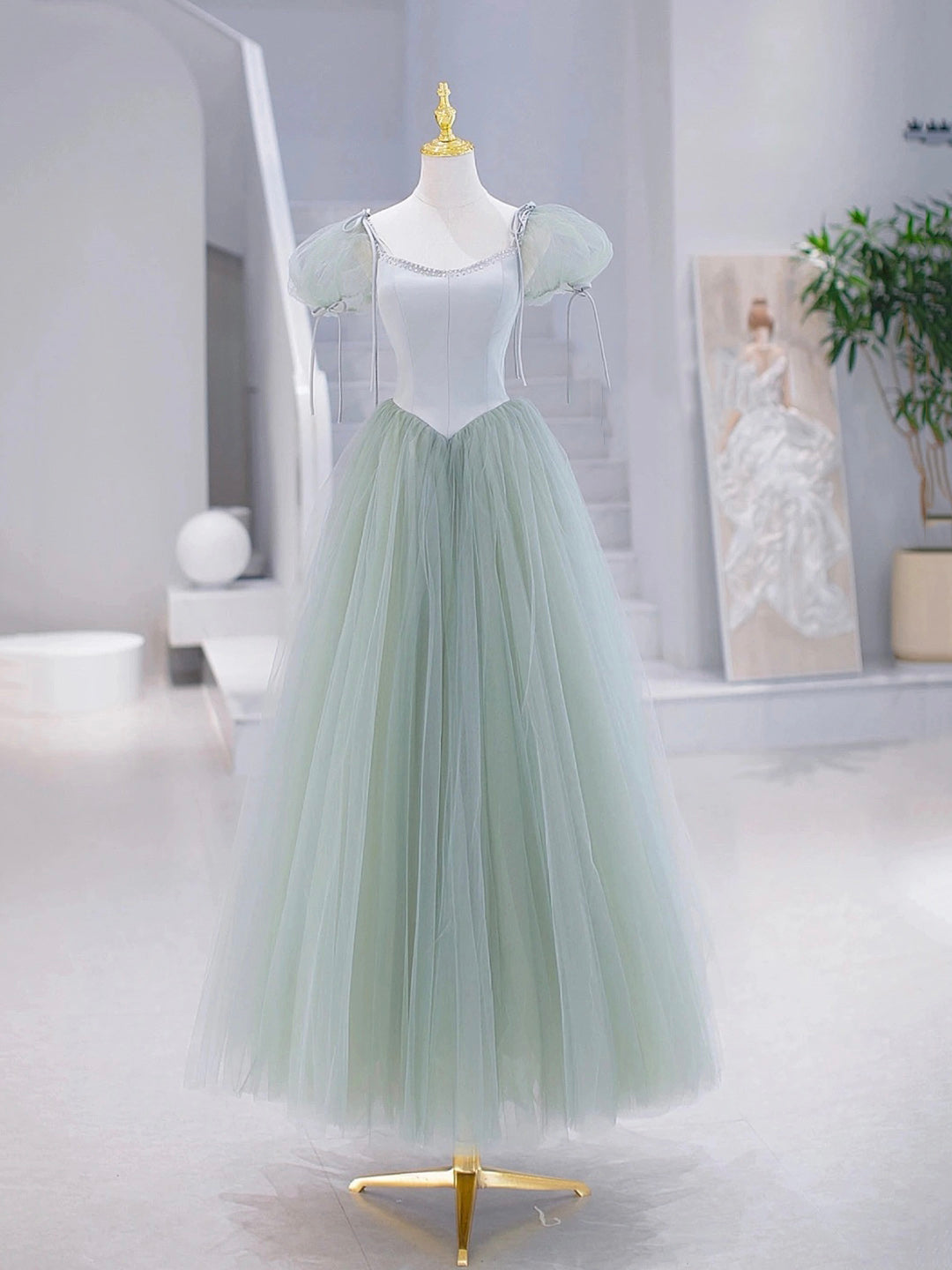 Prom Dress With Tulle, Green Tulle Floor Length Prom Dress, Green Short Sleeve Evening Party Dress