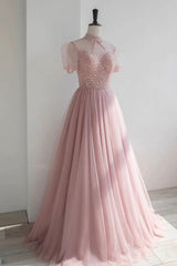 Bridesmaids Dresses Winter, Pink Tulle Beading Long Prom Dresses, Lovely A-Line Evening Party Dresses