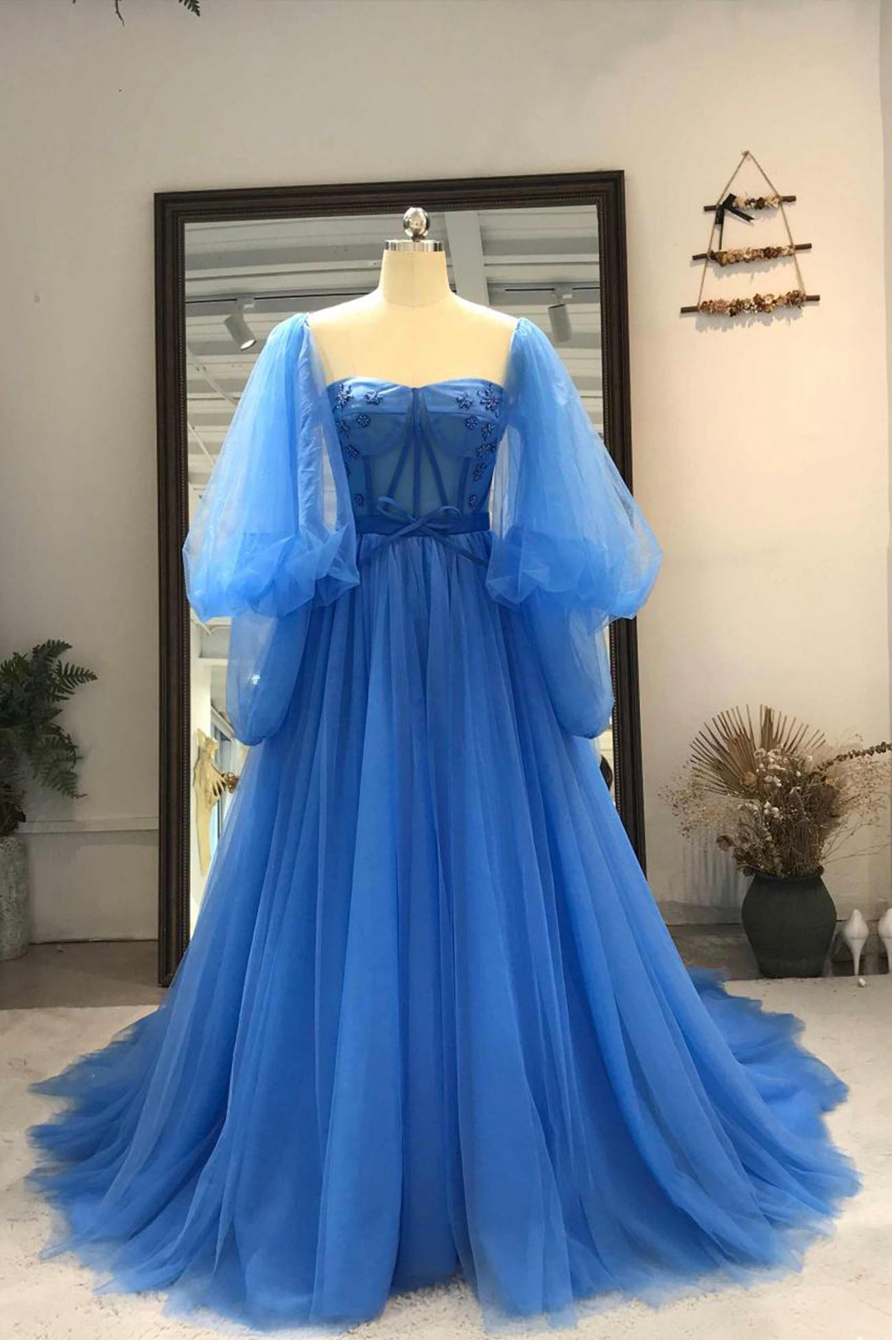 Party Dresses Purple, Blue Tulle Long Prom Dresses, A-Line Long Sleeve Evening Dresses